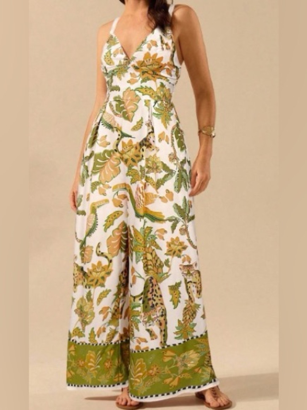 White Floral Wide-Leg Jumpsuit with Green and Tan Print